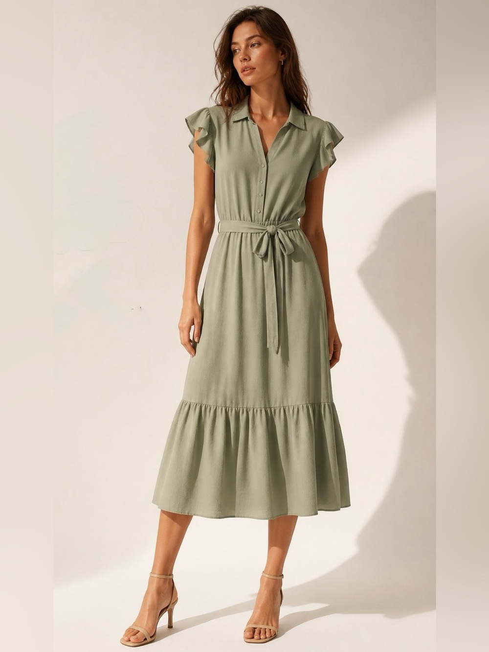 Hollister Sage Green Ruffle-Sleeve  Dress with Tie Waist